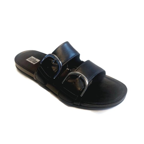Fit Flop Womens Size 5 Graccie Slides Slip On Leather Sandals All Black - Picture 1 of 9